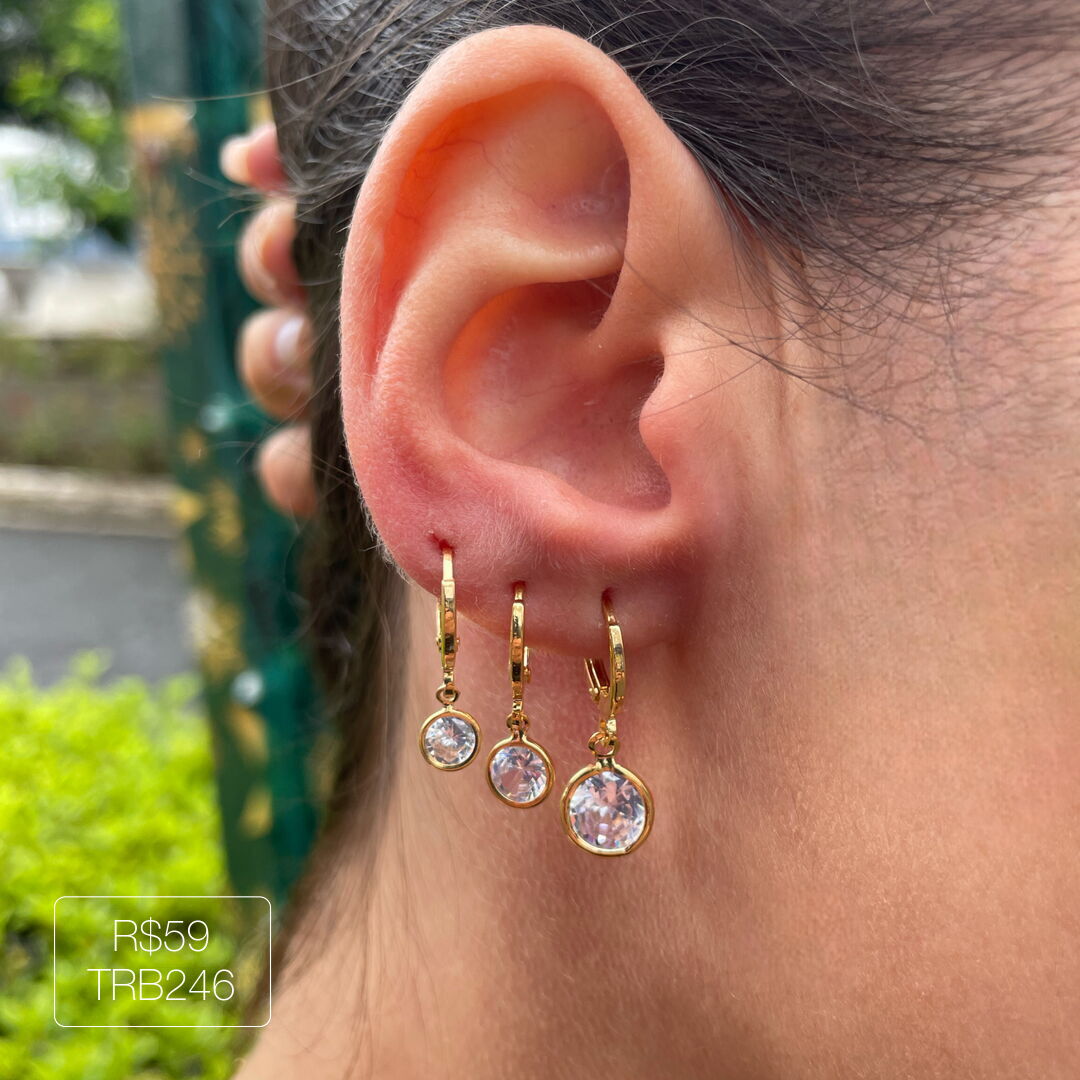 Trio Argola c/ Ponto Luz Cristal Pendurado Dourado